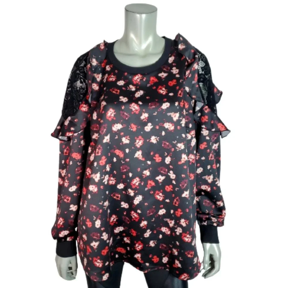 Lane Bryant Top Plus Size 18/20 Ruffle & Lace Shoulder Long Sleeve Casual‎ Black